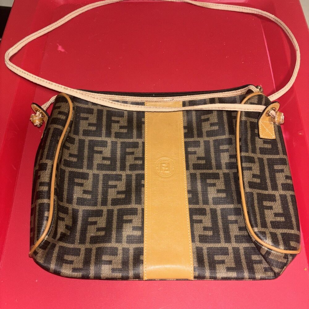 Vintage Fendi Zucca Canvas Shoulder Bag Brown FF Monogram Leather Trim Italy